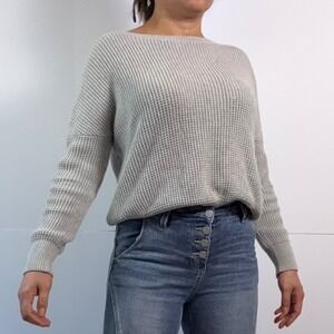 Waffle Knit V Neck Criss Cross Back Sweater Light Grey Size M